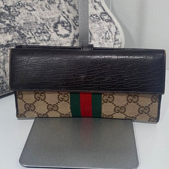 Gucci GG Monogram Sherry Line Canvas and Brown Leather Wallet - Picture 3 of 10
